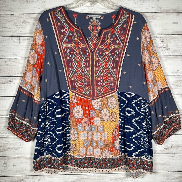 John Mark Tunic Embroidered Bohemian Split Neck Lantern Sleeve Top 0X (14-16) - Picture 2 of 11